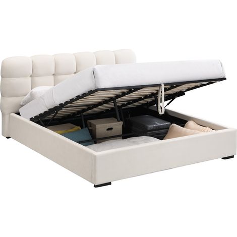 Homifab – Lit coffre adulte 180x200 cm – Sommier relevable à lattes – Tête de lit capitonnée en velours beige – Rangement intégré (1/5)