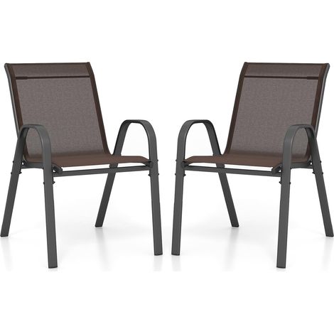 COSTWAY Lot de 2 Chaises de Jardin Exterieures avec Cadre en Métal, Chaise de Salle à Manger Empilable en Tissu Respirant, Fauteuil d'Extérieur pour Cour, Balcon, Piscine, Charge 150 KG (Marron,2) (1/5)
