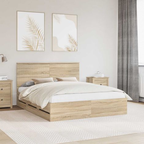 Cadre de Lit 160x200 cm Bois d'Ingénierie Chêne Sonoma avec Tiroirs et Tête de Lit Style Minimaliste (1/4)