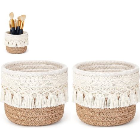 Set di 2 scatole portaoggetti da scrivania, cestini per pennelli da trucco, cestini portaoggetti rotondi intrecciati, cestini portaoggetti decorativi in stile boho (1/5)