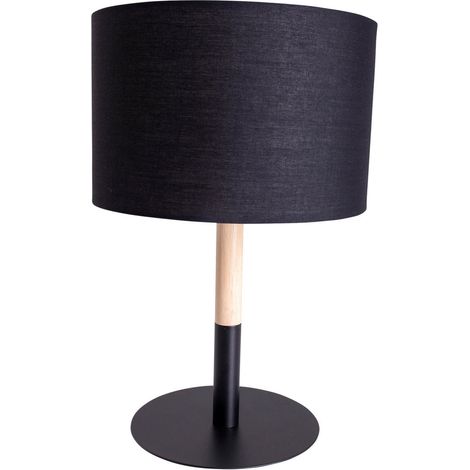 Lampe à poser en tissu, métal et bois d'hévéa noir et naturel, douille E14, hauteur 37 cm - PANGIVO (1/5)