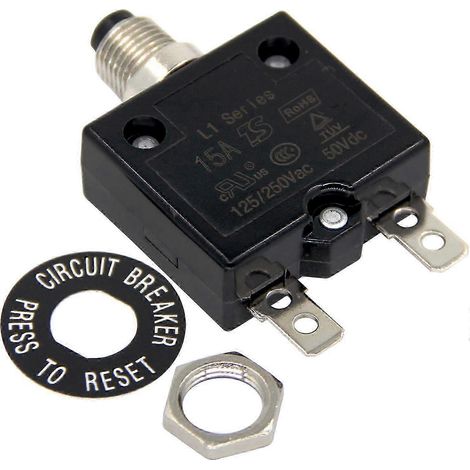 Disjoncteur à bouton-poussoir 15 A, protection contre les surcharges thermiques, série L1, 125-250 V CA, 50 V, conforme aux normes du District de Columbia. Réarmement manuel. (1/5)