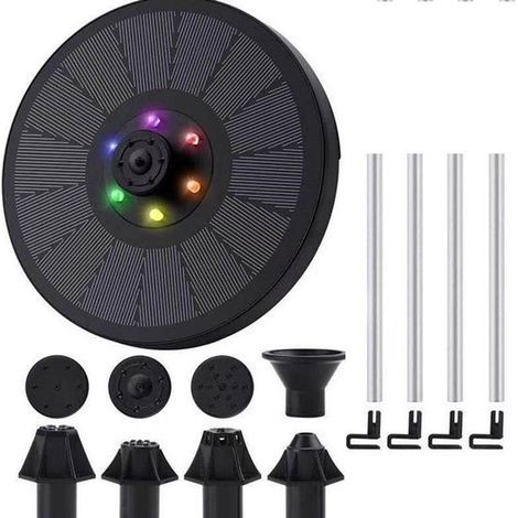 Fontaine solaire - 7 buses - Pompe solaire 3 W pour bain d'oiseaux avec batterie 900 mAh - 6 LED - Idéale pour jardin, bassin, piscine ou bain d'oiseaux - Diamètre 160 mm - Noir (1/5)