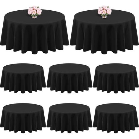 Lot de 8 nappes rondes 228 cm Noir Polyester lavable pour mariage, fête, banquet