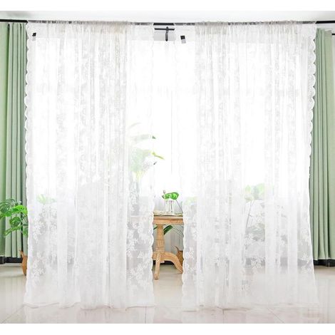 Lot de 2 rideaux en dentelle blanche brodée - Motif floral - Transparent - En voile dentelle - Avec sangles - Pour salon, chambre à coucher - Décoration - 150 x 200 cm (1/4)