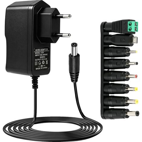 12V 2A Adaptateur Secteur Universel, Transformateur AC/DC 230V, 240V Alimentation avec 8 Connecteurs pour Ruban LED Routeur Caméra TV Chargeur (1/5)