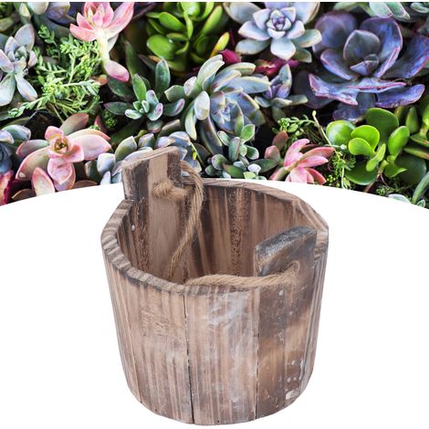Pot de fleurs rond en bois style rustique vintage, à suspendre au mur, pour jardin, terrasse, bureau ou maison. (1/5)