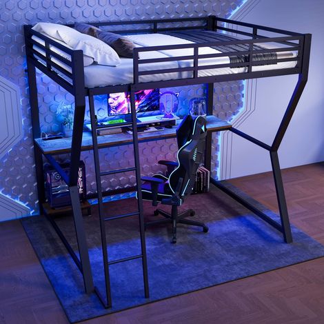 Lit superposé 140x200 cm noir avec bureau, LED, prises, garde-corps et escalier, sans matelas (1/5)