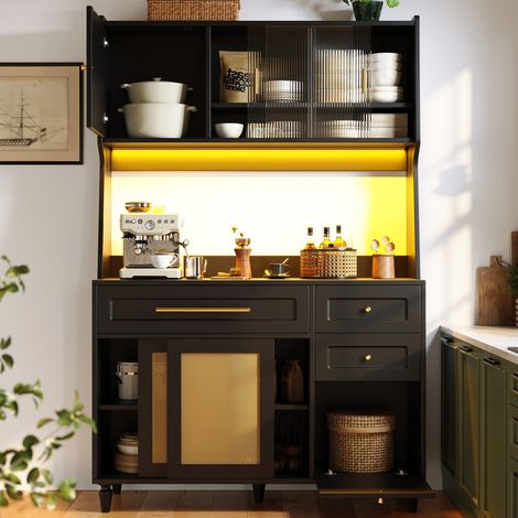 Buffet haut noir 120x45x195.5cm, armoire vitrée en rotin pe avec 3 tiroirs, étagères réglables et LED (1/5)