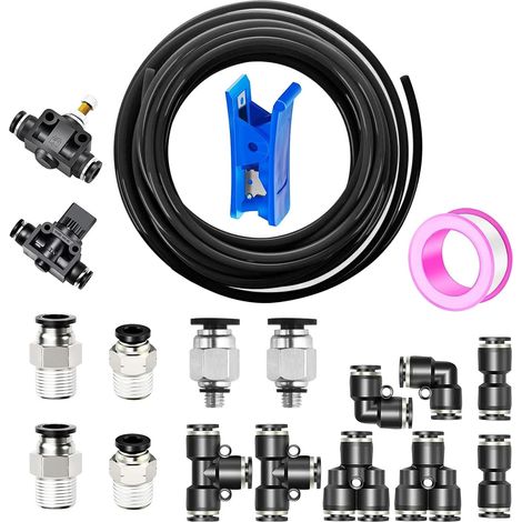10 m Polyurethane Pneumatic Hose Black, 6 mm x 4 mm (ODxID) PU Air Hose with 16 Pneumatic Connector (Black 2 Straight, 2 Elbows, 2 T-Connectors, 2 EnY Separators, 6 Male Threaded Fittings) (1/5)