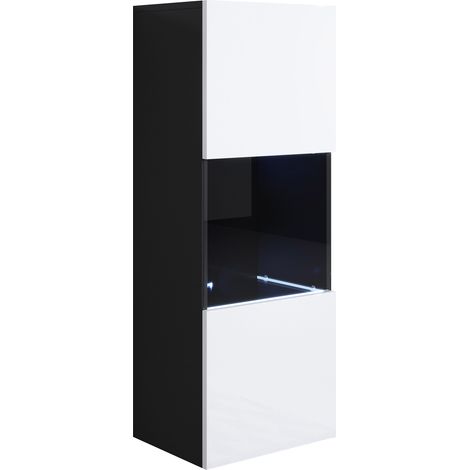 Vitrina colgante Armario Mueble de Salón Vitrina de pared LED 1 puerta 40x126x29cm Modelo Luke V3 Negro y Blanco brillo