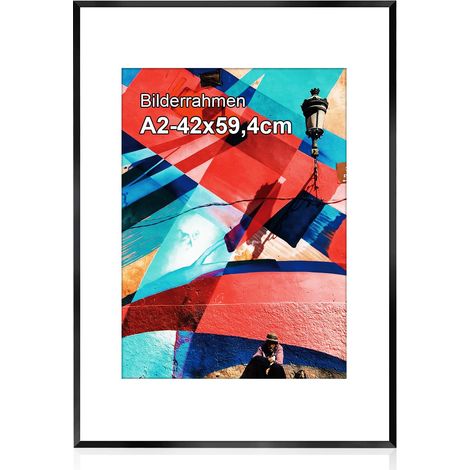 Cadre photo A2 (42 x 59,4 cm) - Noir - En aluminium - Avec passe-partout en papier A3 (29,7 x 42 cm) et verre plexiglas incassable - Cadre à suspendre (1/5)