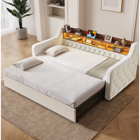 Canapé-lit 90x190 cm en velours beige avec LED, USB-C HAVRYA (1/5)