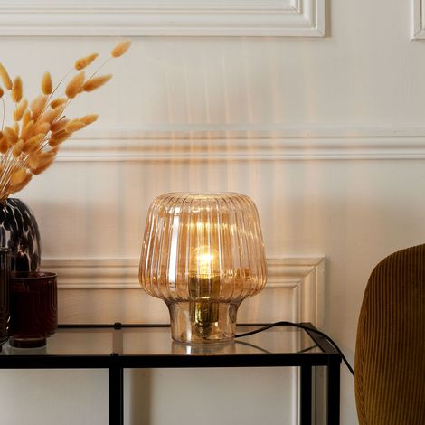 The Home Deco Factory – Lampe à poser en verre fumé marron – Port USB – Pour espaces modernes – Hauteur 30cm – Éclairage doux et chaleureux