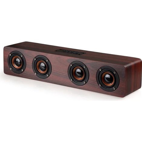 Enceinte Bluetooth portable en bois (rouge) 20 W avec affichage de l'heure, fonction radio et caisson de basses pour home cinéma.