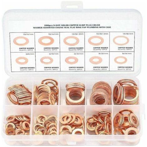 Packung mit Kupfer-Metall-Unterlegscheiben – Dichtungen, Dichtringe – Flache Unterlegscheiben mit Box – Sortiment 200-teilig zum Abdichten – Größen M5 M6 M8 M10 M12 M14.
