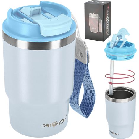 Tazza termica con cannuccia e beccuccio per caffè o tè, a prova di perdite, 480 ml - blu
