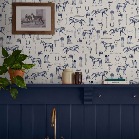 Papier peint intissé Joules Sketched Equestrian Print 1005 x 52cm Bleu (1/5)