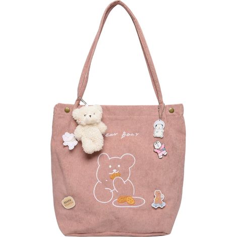 Sac cabas en velours côtelé, sac à bandoulière décontracté, joli sac de courses, sac du quotidien pour femmes et filles, rose (1/5)