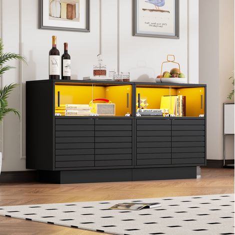 MODFU – Buffet 130x35x68 cm con ante in vetro scorrevoli e LED USB – Nero (1/5)