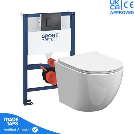Rimless Wall Hung Toilet Pan with GROHE 0.82m Low Height Concealed Cistern Frame WC - Phantom Black Dual Flush Plate (1/5)