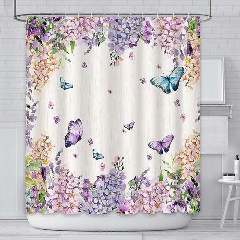 Rideau de douche 180x180cm à motif papillons colorés et fleurs aquarelle, décoration de salle de bain, en polyester imperméable et résistant, avec 12 crochets (1/5)