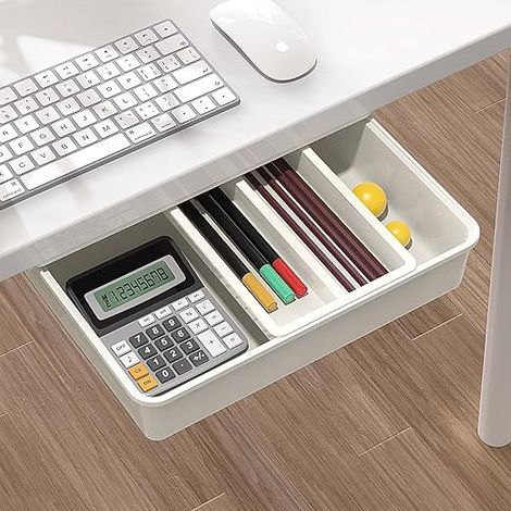 Tiroir sous bureau auto-adhésif blanc – Rangement caché pour petits objets – Installation facile sans forage – Grande capacité de stockage (1/5)