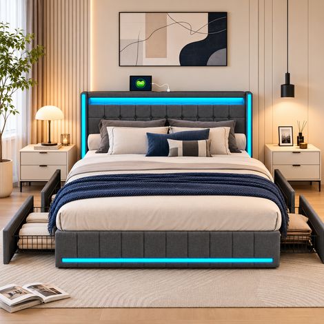 Lit double 140x190 cm, led lit avec charge usb, lit 2 personnes avec 4 tiroirs, lit capitonné pour adulte, gris lin, sans matelas (1/5)