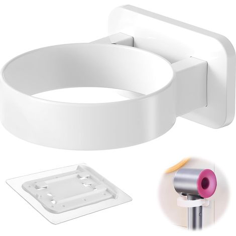Support pour sèche-cheveux sans perçage, support adhésif en PVC écologique pour fixation murale, blanc (blanc) (1/5)