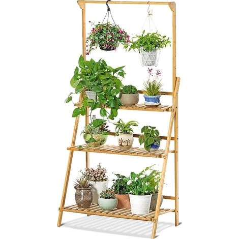 Estantería para plantas, diseño plegable, almacenamiento de tres niveles, color madera natural. (1/2)