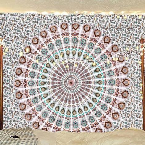 Tenture Murale - Tapisserie Lit - Coton - Motif Paon Psychédélique - 228,6 x 213,4 cm - Pour Décoration Intérieure Extérieure - 1 Pièce (1/5)