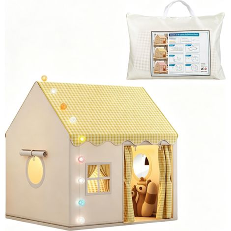 Tente de jeu d'intérieur pour enfants, style château de princesse - Toile Oxford à carreaux jaunes avec guirlande lumineuse à boules (1/5)