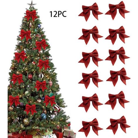 Set di 12 fiocchi natalizi, decorazioni per albero di Natale, 12 x 11 cm, ghirlanda rossa, fiocco glitterato, decorazione natalizia, crea un'atmosfera festiva (1/5)