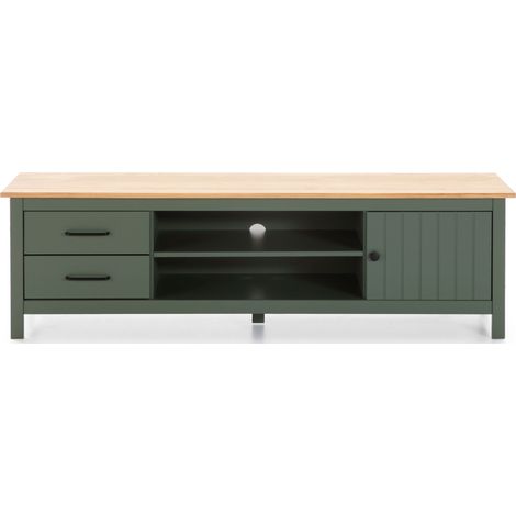 Pegane – Meuble TV en pin massif chêne vert – Longueur 158 cm, profondeur 40 cm, hauteur 47 cm – 1 porte, 2 niches, 2 tiroirs (1/5)