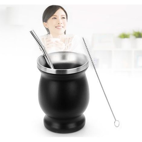 Yerba Gourda Edelstahl-Teeset, schwarze Tasse, Reinigungsbürste für Yerba-Strohhalme, Geschenkidee für Teeliebhaber (1/5)
