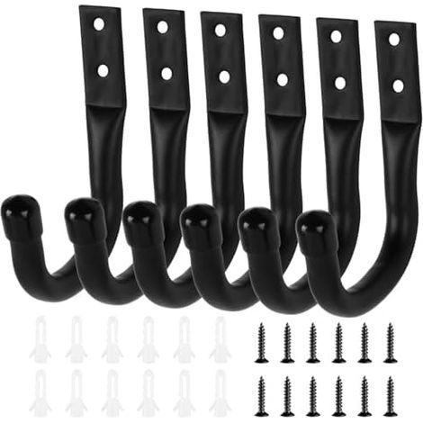 Lot de 6 crochets muraux pour garage, charges lourdes, d'échelle, robustes en J ranger les outils rangement, support mural vélo (noir) - (1/5)