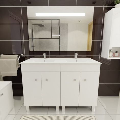 Cuisibane – Meuble double vasque 120 cm avec plan en céramique blanc brillant – 4 portes – Caissons montés – Miroir ELEGANCE 120 cm avec LED - ht80-
