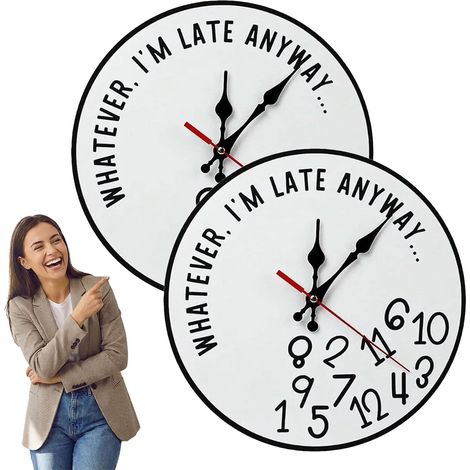 Horloge murale humoristique « Whatever I'm Late Anyway », grande horloge murale unique avec numéro irrégulier de 30,5 cm, pour décoration de maison, bureau, cuisine (style B x 2) (1/5)