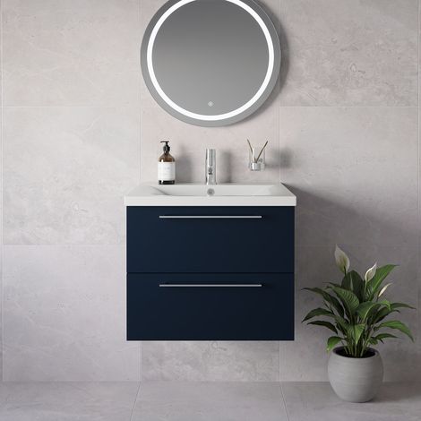 Napoli 460 Deep Blue 600mm Wall Mounted 2 Drawer Vanity Unit with Glide Basin - 600mm - Chrome 320mm Handle