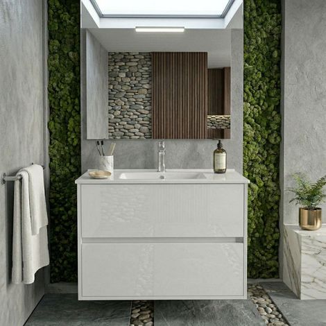 Meuble de salle de bain suspendu blanc brillant 70x45 cm avec 2 tiroirs et lavabo inclus - Soria (1/5)