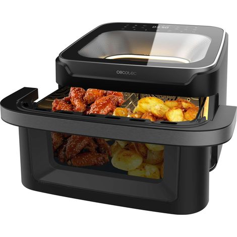 Friggitrice ad aria da 10L e 2 finestre di visualizzazione. 2200 W di potenza, base per pizze perfette, cestello divisibile, maniglia fredda e 12 menu per cucinare in modo facile e sano.