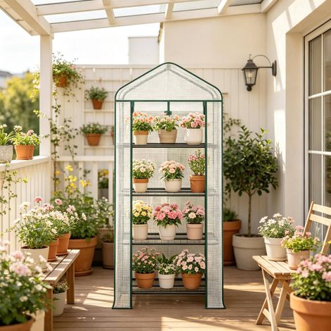 Serre de jardin 70x50x163 cm blanche en polyéthylène et acier avec roulettes, 4 étagères et porte enroulable (1/5)