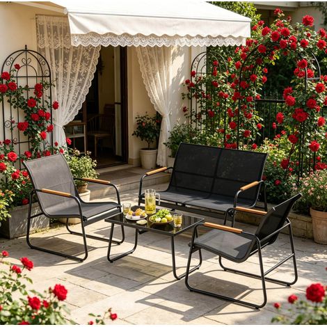 Salon de jardin 4 pièces 75x112x78 cm noir métal verre trempé pour terrasse - CHICFURN (1/5)