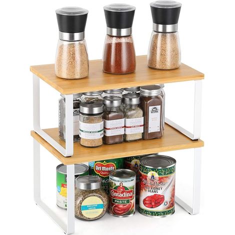 2er-Pack stapelbare und ausziehbare Gewürzregale, Küchenregale aus Metall und Bambus, Aufbewahrungsregale für Küche und Waschküche - Weiß (1/5)