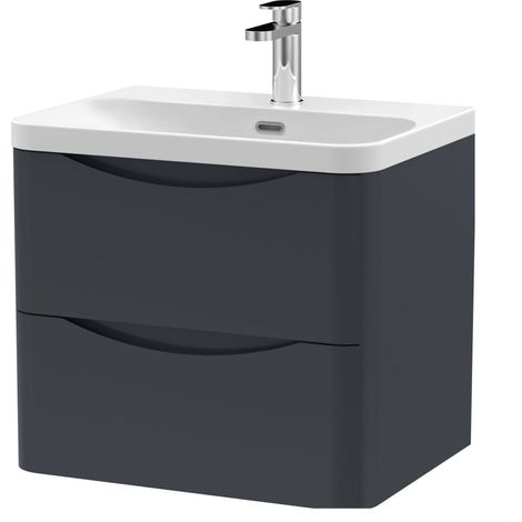Balterley Dunwood Modern Wall Hung 2-Drawer Bathroom Vanity with Thin Edge Ceramic Basin, Dark Grey, 600mm (1/4)