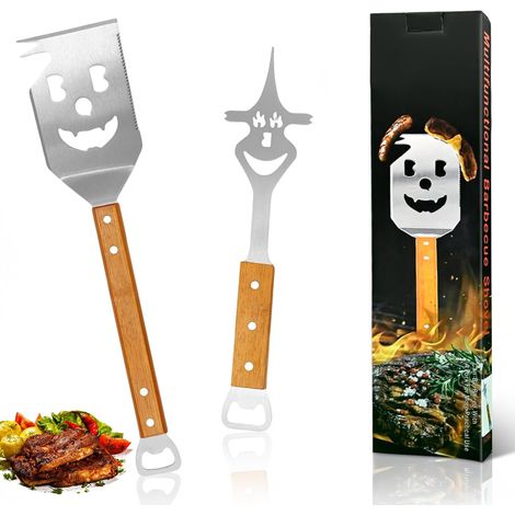 Utensile per barbecue multifunzione da 2 pezzi, spatola per barbecue, con manico lungo in legno, utensili per barbecue extra lunghi per attività all'aperto, campeggio e barbecue (1/5)