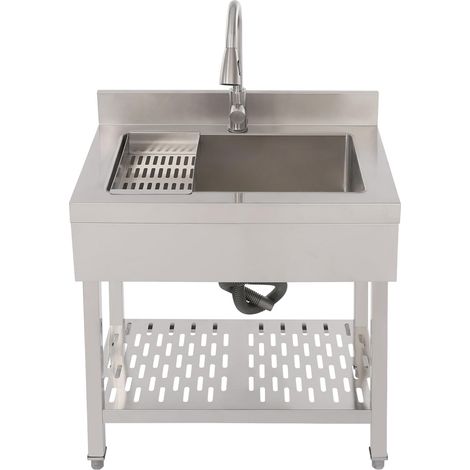 Évier autoportant en acier inoxydable argenté pour usage domestique avec pieds réglables et robinet, Évier de cuisine pour appartements, salles de bains, restaurants 75 x 50 x 90 cm (1/5)