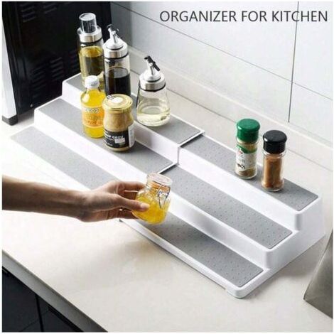 QORVA-Étagère à épices pour armoire, étagère à épices extensible à 3 niveaux, étagère de rangement en plastique antidérapant pour cuisine, garde-manger et salle de bain (3 niveaux) (1/4)