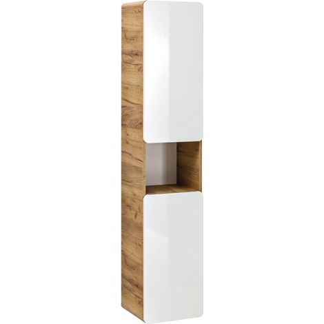 Colonna bagno ERBANO – Rovere chiaro e bianco lucido – 35x170 cm – 2 porte – Da appendere