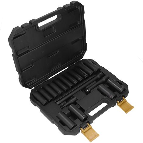 Jeu de 18 douilles à choc profondes 1/2", 6 pans, métrique 10-24mm, pour clé à choc, usage intensif, coffret rangement, accessoires garage. (1/5)